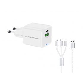 Conceptronic ALTHEA16W 2-Port 33W GaN USB PD Charger with 3-in-1 Charging Cable, USB-C x 1, USB-A x 1, QC 3.0, PPS  -