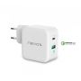 EWENT USB-C AC PD charger, 2 USB-C ports and 1 USB-A QC3.0 (65W), white - EW1323