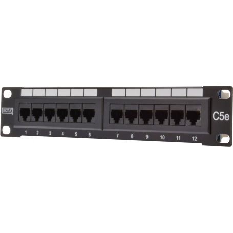 DIGITUS CAT 5e, Class D patch panel, unshielded 12-port RJ45, 8P8C, LSA, 1U, 254 mm(10')Rack Mount color black RAL 9005