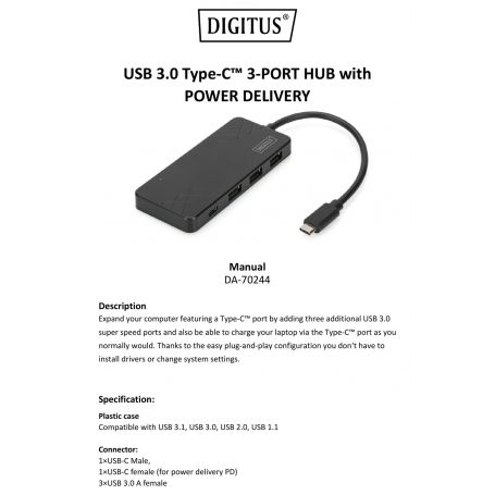 USB 3.0 Type-C Hub, 3-port 1x USB Type-C PD Connector, 3x USB 3.0, black