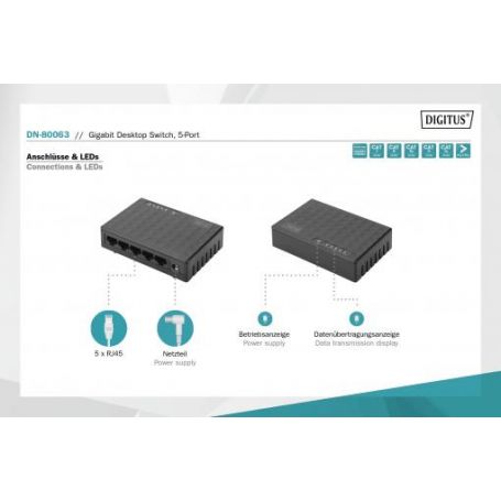 Gigabit Ethernet Switch, 5-port 10/100/1000 Mbps, 5x RJ45