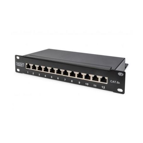 DIGITUS CAT 6, Class E Patch Panel, shielded 12-port RJ45, 8P8C, LSA, 1U, 254 mm(10')Rack Mount color black RAL 9005