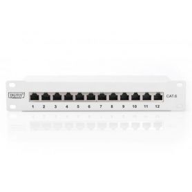 CAT 6, Class E patch panel, shielded 12-port RJ45, 8P8C, LSA, 1U, 254 mm(10')Rack Mount color grey RAL 7035