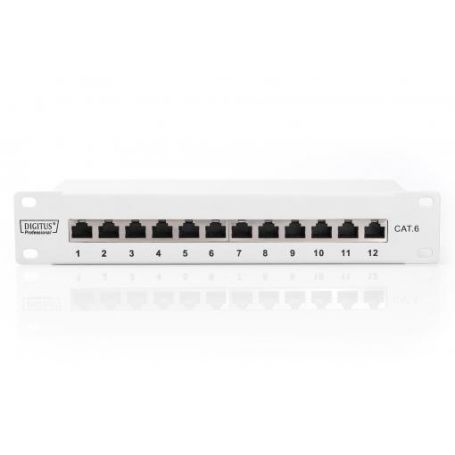 CAT 6, Class E patch panel, shielded 12-port RJ45, 8P8C, LSA, 1U, 254 mm(10')Rack Mount color grey RAL 7035